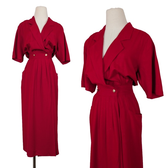 80s Rouie Raw Silk Dress Midi Wrap Asymmetrical Collar Double Breasted Vintage - Picture 1 of 15